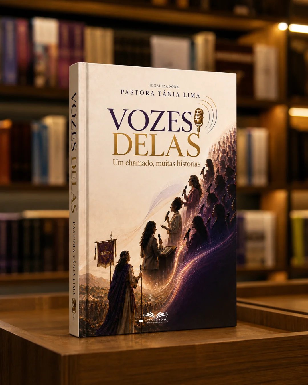 Livro Vozes Delas em destaque sobre balcão de madeira em uma livraria, capa com pastoras e o microfone dourado