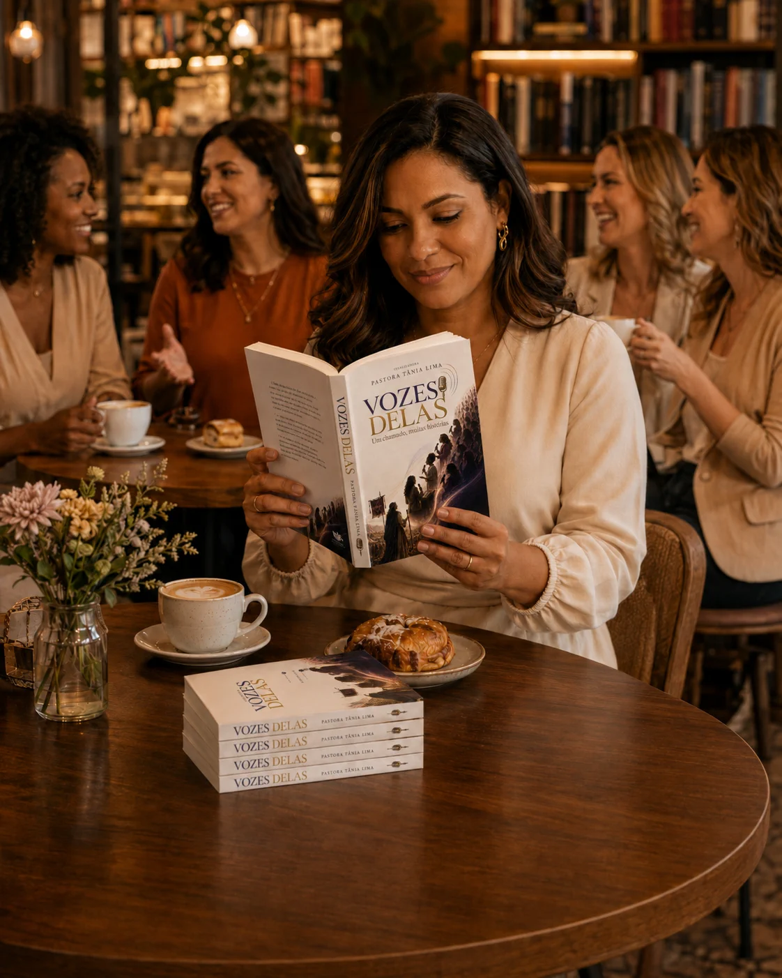 Mulheres reunidas em uma livraria aconchegante com o livro Vozes Delas — Pastoras, compartilhando histórias de fé e liderança
